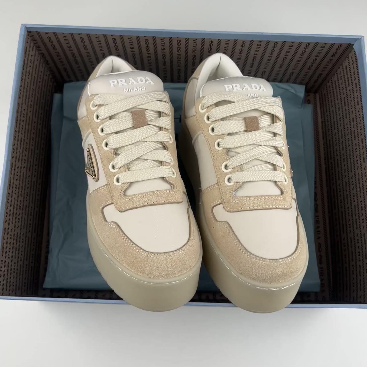 Prada Downtown Bold Low-Top Skate Shoes Beige